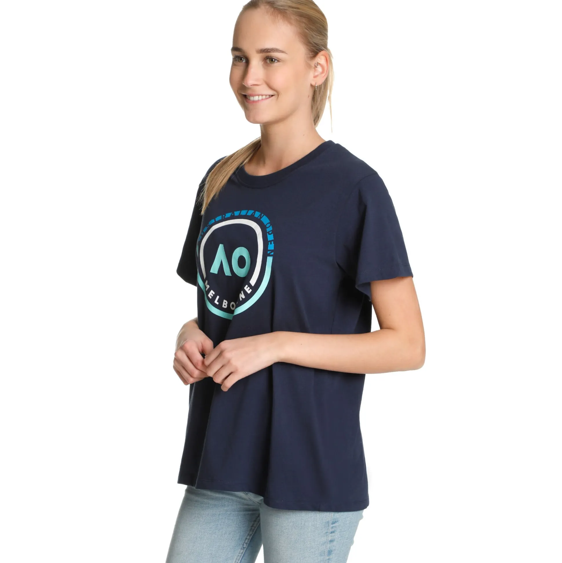 New AO Round Logo T-Shirt Women - Dark Blue, Blue Shirts