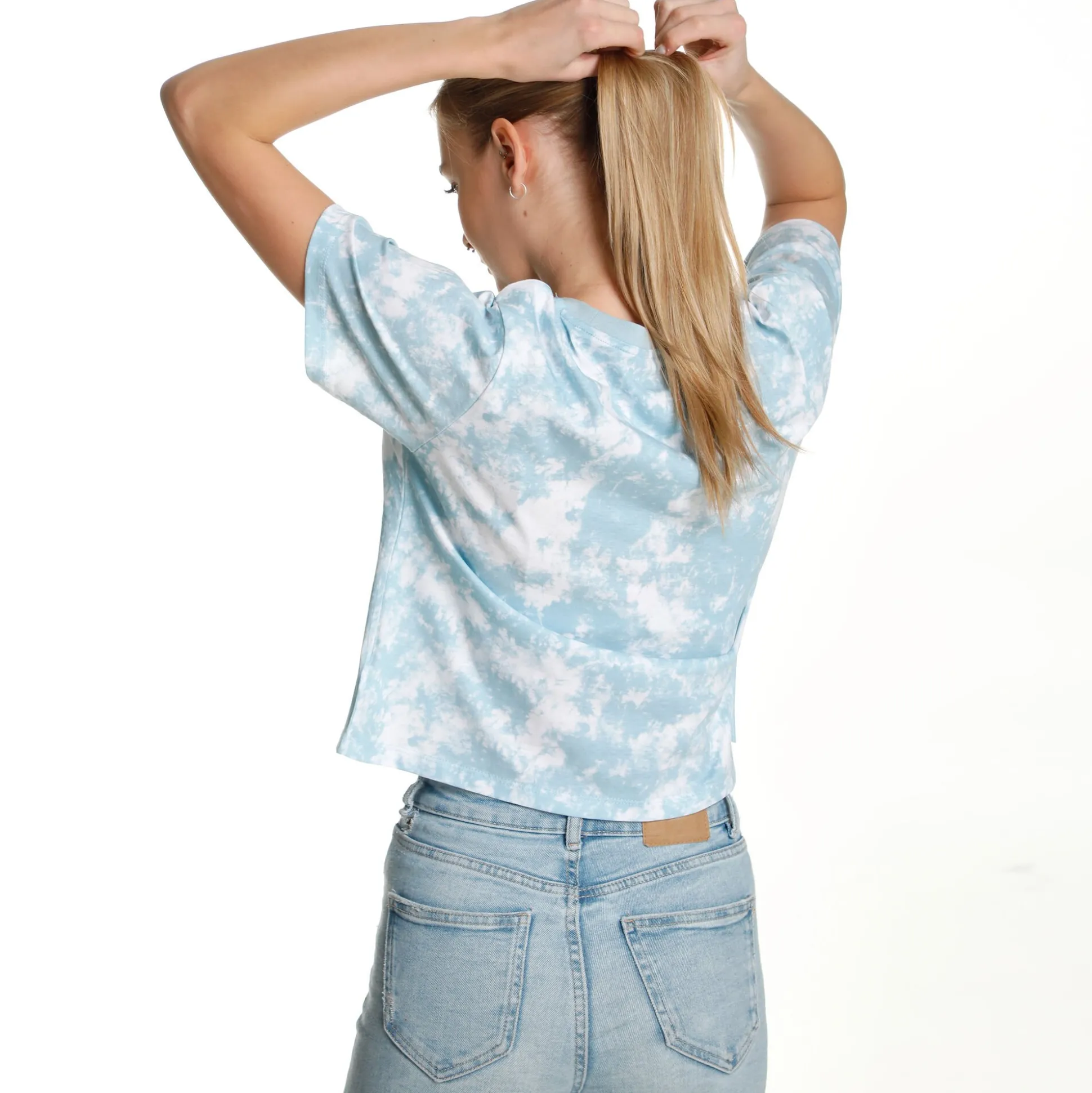 Shop AO Tie Dye Cropped T-Shirt Women - Light Blue, White Shirts