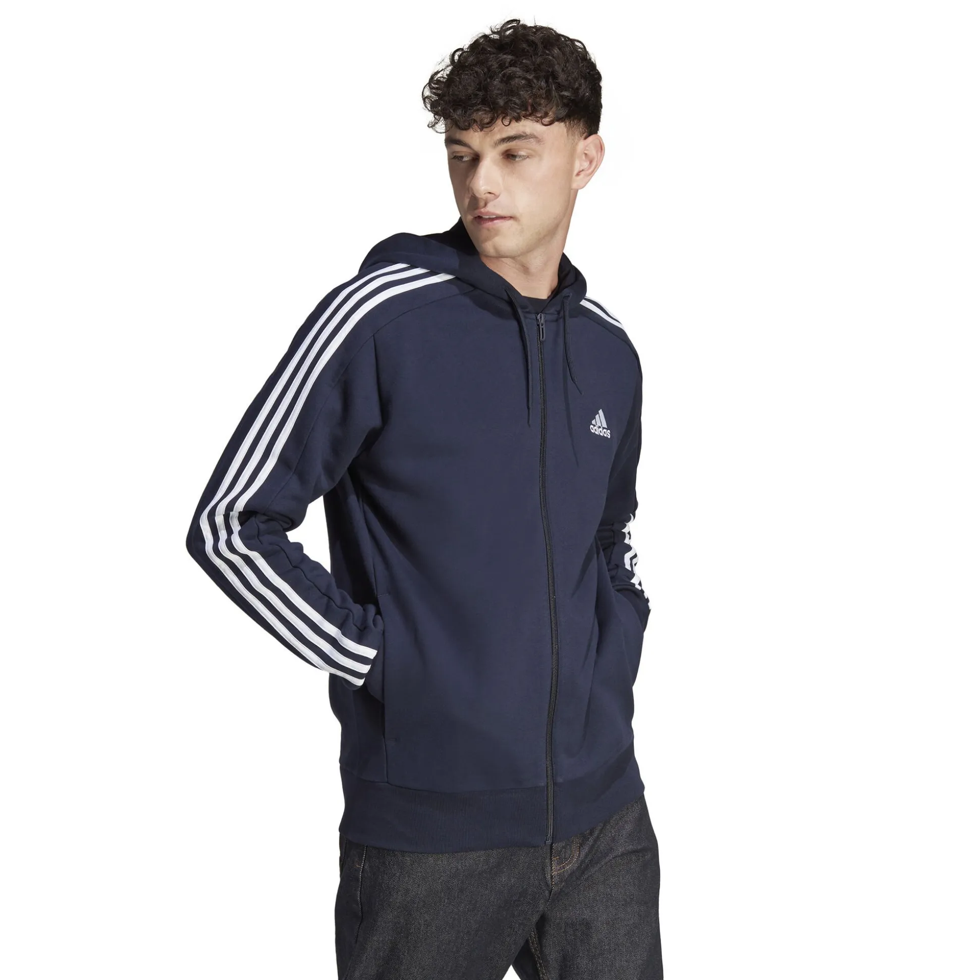New Essentials French Terry 3-Stripes Full-Zip Hoodie Men - Dark Blue, White Jackets