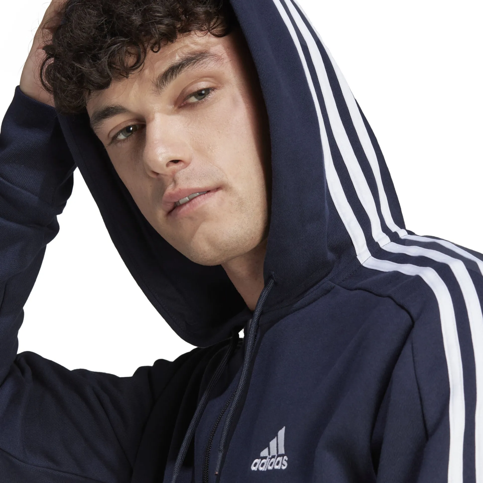 New Essentials French Terry 3-Stripes Full-Zip Hoodie Men - Dark Blue, White Jackets