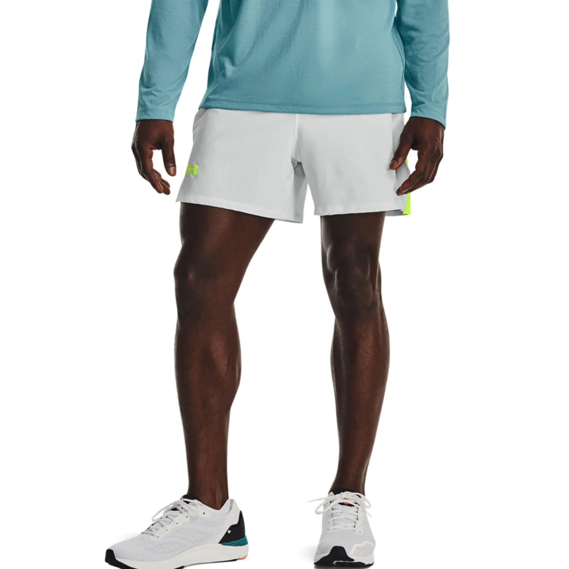 Online Launch Elite 5in Shorts Men - White, Neon Yellow Running Clothing|Shorts